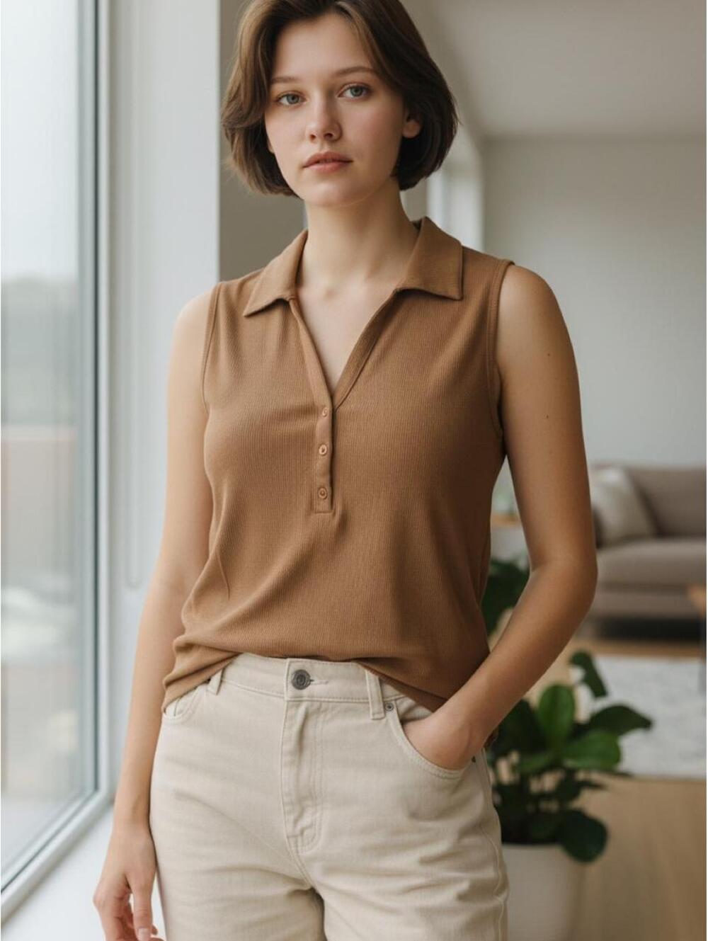 Worthington ribbed sleeveless polo tank in a warm camel brown, women’s XXL.